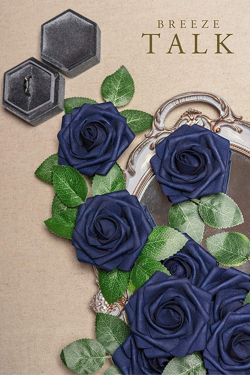 Breeze Talk Artificial Flowers Navy Blue Roses 25pcs Realistic Fake Roses w/Stem for DIY Wedding Bouquets Centerpieces Arrangements Party Baby Shower Home Decorations
