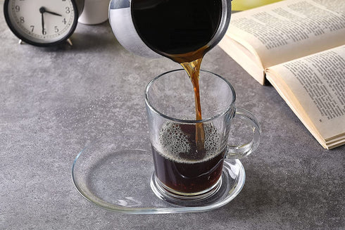 DESTALYA Coffee Mugs with Handles and Saucers Set, Clear Glass 13.52 oz Handled Cups for Hot Beverages Cold Drinks, Tea Espresso Cappuccino Hot Chocolate