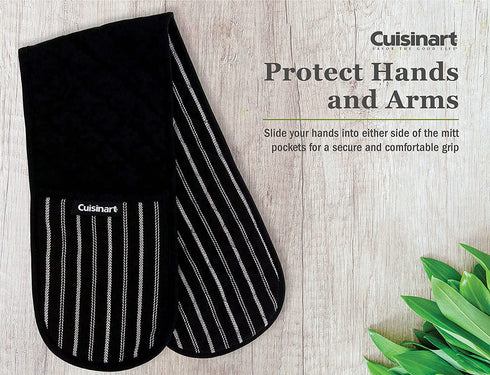 Cuisinart Quilted Double Oven Mitt, Twill Stripe, 7.5 x 35 inches - Heat Resistant Oven Gloves to Protect Hands and Arms - Great Set for Cooking, Baking, and Handling Hot Pots and Pans- Jet Black