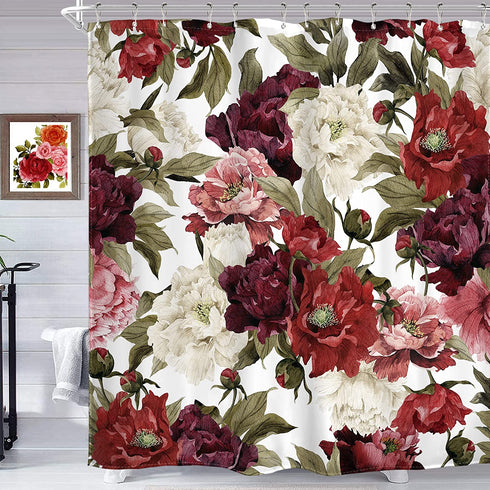 Homewelle Burgundy Floral Shower Curtain Watercolor Rustic Flower Rose Red White Girl Retro Leaves Blossom Peony Woman 60Wx72L Inch Waterproof 12 Pack Shower Hooks Polyester Fabric Bathroom Bathtub