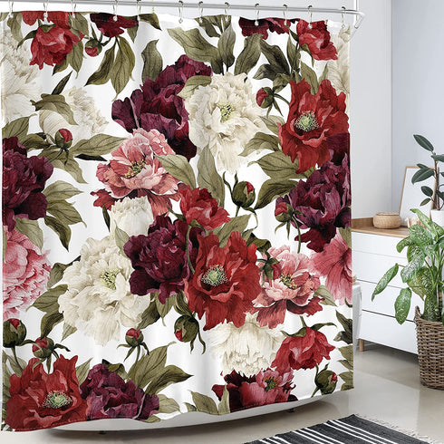 Homewelle Burgundy Floral Shower Curtain Watercolor Rustic Flower Rose Red White Girl Retro Leaves Blossom Peony Woman 60Wx72L Inch Waterproof 12 Pack Shower Hooks Polyester Fabric Bathroom Bathtub
