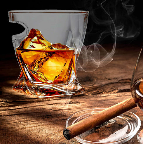 Whiskey Cigar Glass - Old Fashioned Whiskey Tumbler Glass With Side Mounted Cigar Holder - Scotch, Bourbon, Liquor - Christmas Gift - Dad, Grandpa, Husband