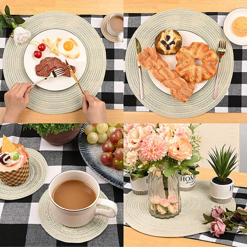 16 PCS Round Placemats and Coasters Set Braided Heat-Resistant Non-Slip Waterproof Durable Indoor Outdoor Coffee Kitchen Table Mats for Dining Tables(Beige,8 Placemats and 8 Coasters)