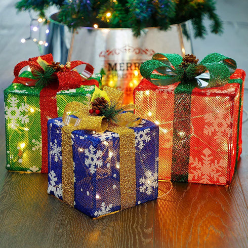 gresonic Christmas Lighted Pop Up Gift Boxes Decorations, Set of 3 Tinsel Present Box, Pre-lit 48 LED Light Up Tree Skirt Ornament, Indoor Outdoor Red Green & Blue for Holiday Party Xmas Home Yard