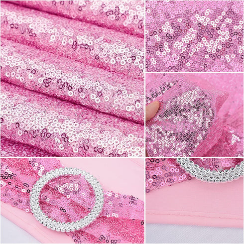 yuboo Pink Sequin Table Runner with 8 Pieces Chair Sashes Set,Sparkly Slipcovers Wedding Chair Decorations Stretch Chair Bands for Birthday,Valentine's Day,Reception Party,Holiday Celebration Party