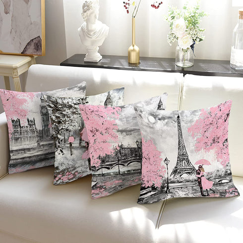 Throw Pillow Covers 18x18 Set of 4, Decorative Pillows for Couch Bed, Sofa Pillows Decorations for Living Room, Pink Paris Outdoor Pillows Couch Cushion Covers for Home Bedroom