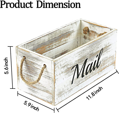 HoreZer Wood Mail Holder Box,Decorative Mail Organizer Box Countertop,Letter Holder Box for Desk with Chalkboard & Rope Handles,Rustic Desk Mail Organizer Home Office(White)
