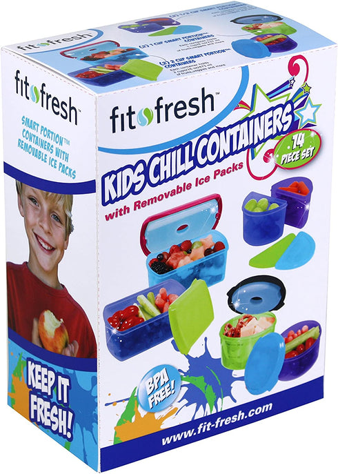 Fit & Fresh Kids' Reusable Lunch Box Container Set with Built-In Ice Packs, 14-Piece Healthy Lunch and Snack Kit, BPA-Free Microwave Safe, Portion Control