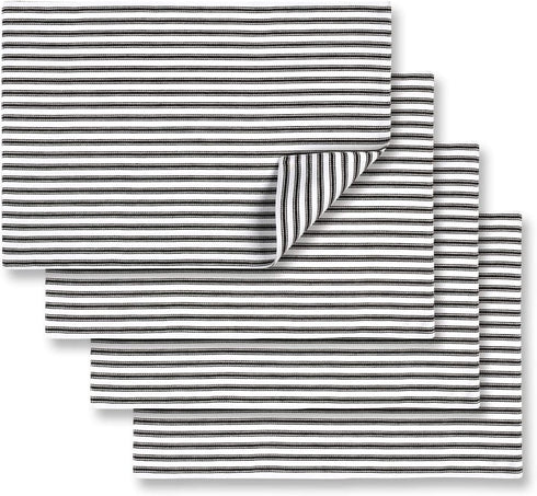 Cackleberry Home Black and White Ticking Stripe Placemats 13 x 19 Inches Woven Cotton Reversible, Set of 4