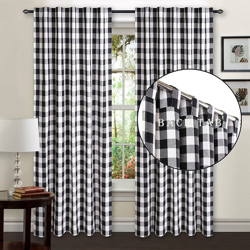 Check Tab Top Curtains, Farmhouse Cotton Curtains, Curtain 2 Panel Set, Gingham Plaid Cotton 50x108 Black/White Curtains, Reverse Window Panels, Curtain Drapes Panels, Bedroom Curtains, Set of 2