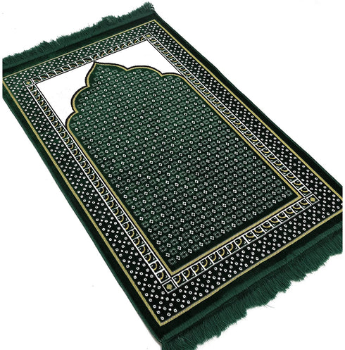 Modefa Turkish Islamic Prayer Rug - Thin & Lightweight Velvet Praying Carpet - Soft Muslim Praying Mat Janamaz - Ramadan or Eid Gift for Men & Women - with Car Hanger - Dancing Rose Vine (Green)