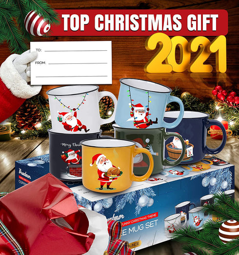 Set of 6 Coffee Mug Set Large-sized 14 Ounce Christmas Theme Ceramic Coffee Mugs - Holiday Funny Novelty Merry Christmas Mugs, Christmas Decoration Christmas Santa Gift
