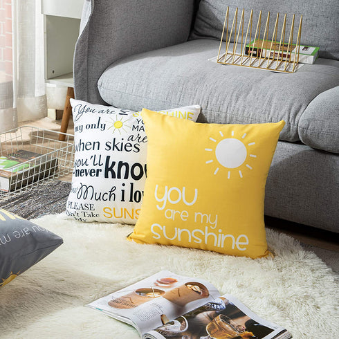 Emvency Set of 4 Throw Pillow Covers You are My Sunshine Yellow Gray with Words Decorative Pillow Cases Home Decor Square 16x16 Inches Pillowcases