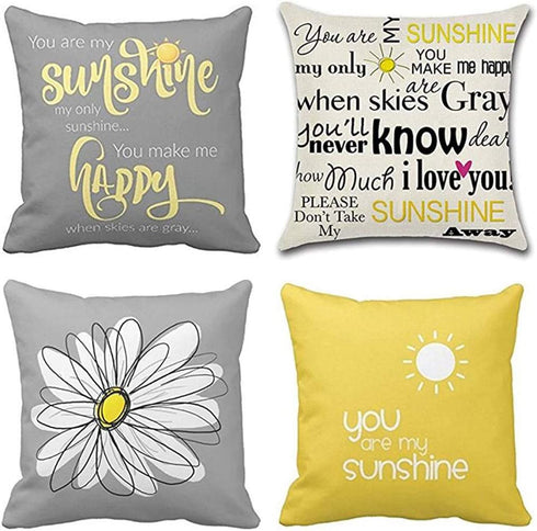 Emvency Set of 4 Throw Pillow Covers You are My Sunshine Yellow Gray with Words Decorative Pillow Cases Home Decor Square 16x16 Inches Pillowcases