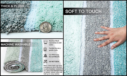 Chardin Home Cordural Stripes Bath Mat, Set of 2 Bath Rugs (17 Inches x24 Inches & 21 Inches x34 Inches) | Non Slip Bathroom Rug, Machine Washable, Plush, Highly Absorbent | Mint Green & Grey