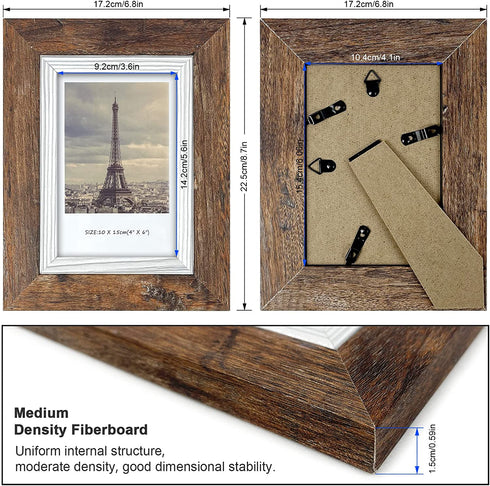4x6 Picture Frame Set of 4, Wood Rustic Brown Photo Frames, Wooden Picture Frames Display with High-Definition Tempered Glass for Desktop Display and Wall Decoration.
