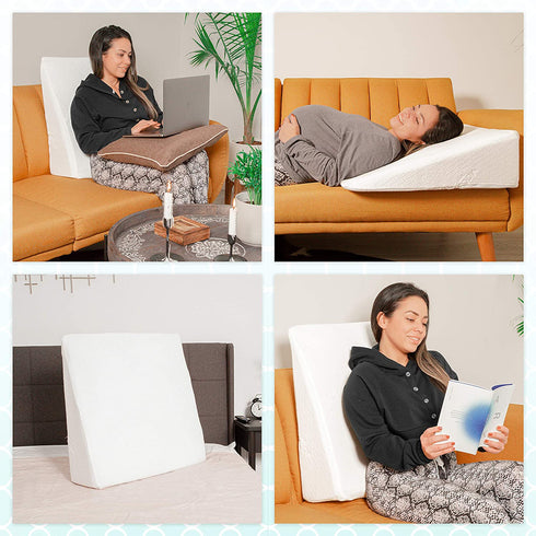 Bed Buddy Memory Foam Wedge Pillow with Memory Foam Pillow Cover Cooling Triangle Pillow Wedge for Back Support Comfortable Sleeping Reading and Post Surgery Recovery 7.5", White