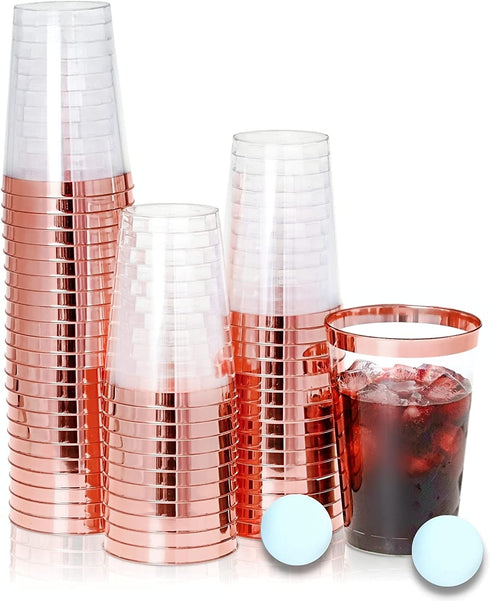 KOPHADOT 12oz Double Rose Gold Rim Plastic Cups 50 packs with 2 Party Pong Balls, Disposable and Reusable Elegant Rose GoldCup Clear Party Drinking Cups for Weddings, Bachelorette Parties, Christmas