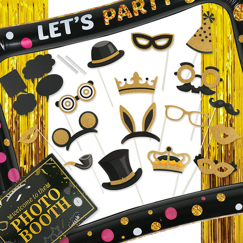 Partyville Photo booth Props - Real Gold Glitter Pre Assembled 23 Pcs Wedding Photo Booth Props - Customizable Birthday Photo Booth Props Selfie Frame & Foil Backdrop Roaring 20s Photo Booth Props