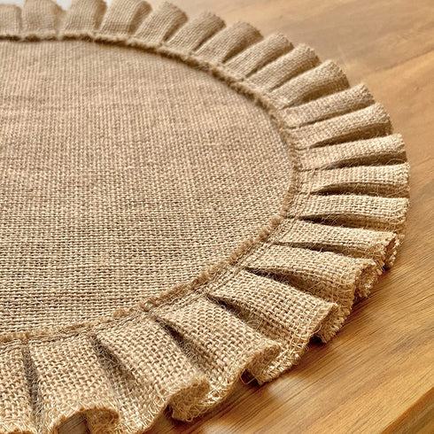 Rustic Farmhouse Burlap Round Placemats, Set of 4, Size in 15 Inches Diameter, Ruffle Trim Design (4)