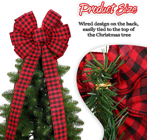 Buffalo Plaid Bow Christmas Buffalo Plaid Wreath Bow Tree Bow Xmas Tree Topper Hat with Card Christmas Tree Top Ornaments for Christmas Tree Front Door Wreath Xmas Decor (Black and Red)
