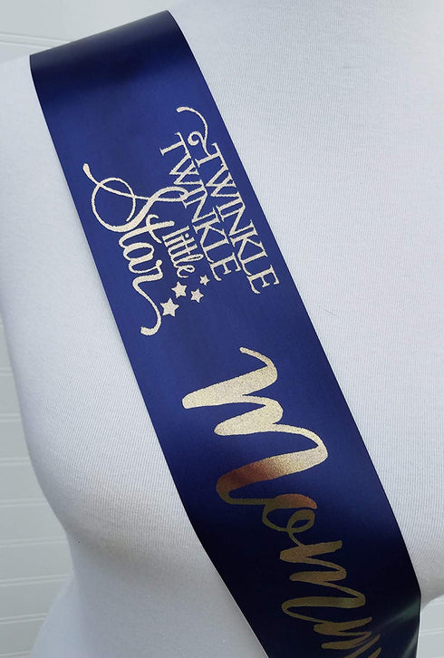 Twinkle Little Star Baby Shower Sash for Mom to Be Navy & Gold with Silver Pin for adjustable sizing Banner