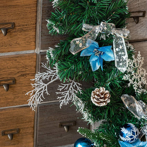 FUNARTY 6 Feet Christmas Garland with 30 Lights, Battery Operated Lighted Garland, Artificial Prelit Christmas Garlands with Blue and Silver Ornaments for Mantle Xmas Holiday Fireplace Decoration