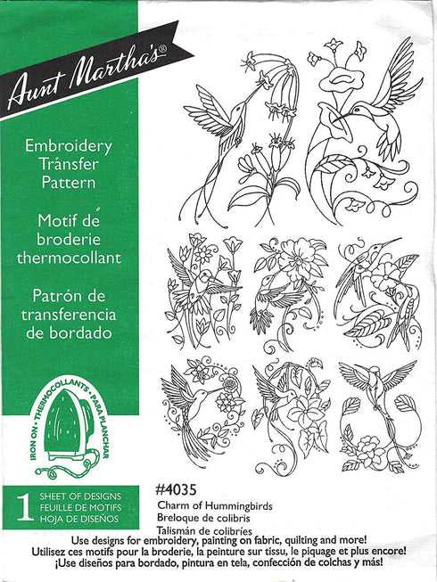 Charm of Hummingbirds Aunt Martha's Hot Iron Embroidery Transfer