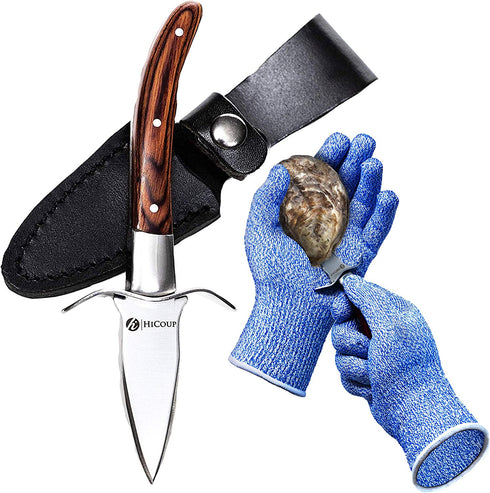 HiCoup Oyster Shucking Knife and Glove Kit - Clam and Oyster Knife Shucker Set with Stainless Steel Seafood Opener Tool, Wood Handle and Gloves?