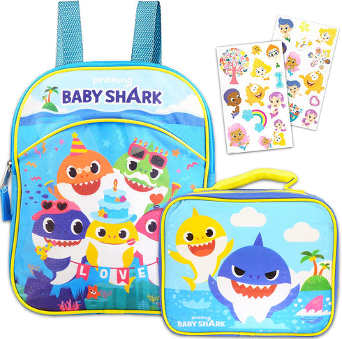 Baby Shark Mini Backpack 3 Pc Bundle with Lunch Bag for Kids with Stickers (Baby Shark School Supplies)