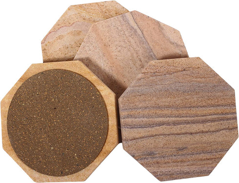 Marbco Sandstone Water Absorbent Hand Crafted Octagon Coasters for Drinks- Set of 4 - 4 inches Wide Thirsty Stone bar/Drink Coasters Made from Real Solid Stone (Without Holder, Set of 4)