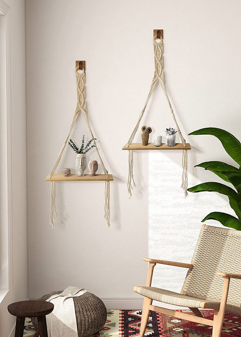 MAZJOARU Macrame Wall Hanging Shelves Bohemian Handmade White Cotton Rope Sturdy Wooden Floating Shelf Decor Storage for Plants Photo Frame for Bathroom Bedroom Living Room-1 Tier Set of 2