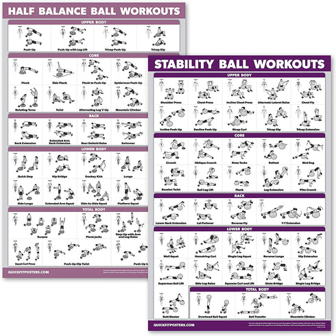 2 Pack: Half Balance Ball Workout Poster + Yoga Ball Exercise Chart - Set of 2 Workout Posters