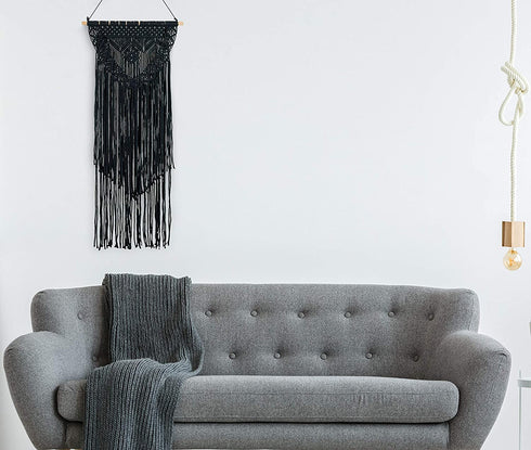 Boho Black Macrame Wall Hanging Woven Decor - Black 16 x 36 Inches Modern Bohemian Farmhouse Wall Art Tapestry Decor for House, Apartment, Dorm Room, Nursery, Party Decorations, Wedding, Wall Ornament