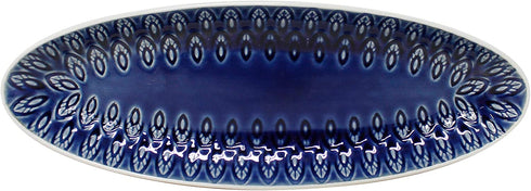 Euro Ceramica Peacock Collection Crackleglaze Serveware Trays/Platters, 13" Oval Appetizer, Feather Geometric Pattern, Blue