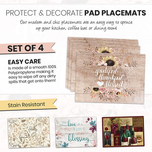 Blissful Living Set of 4 Placemats, Stain Resistant - Decorate Your Kitchen Table with Our Beautiful Rectangle pad placemat (Love of Family)