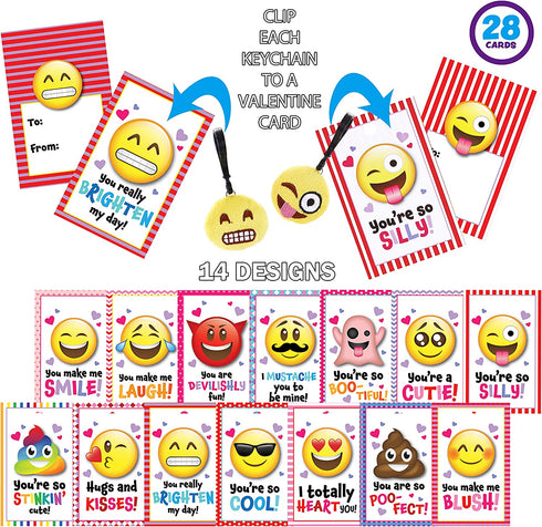 JOYIN 28 Pack Valentines Day Gifts Cards for kids, Valentine's Greeting Cards with Emoji Plush Key-chain Valentine Classroom Exchange Gifts Party Favors
