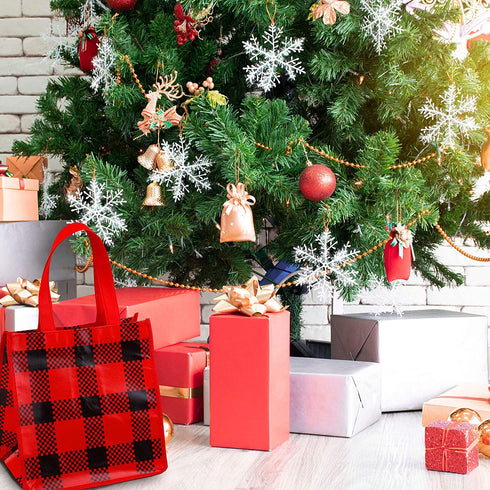 Aneco 12 Pieces Red and Black Plaid Non-Woven Bags Christmas Party Treat Bags Gift Tote Bags 9.8 x 7.9 x 9.8 Inch for Party Favors