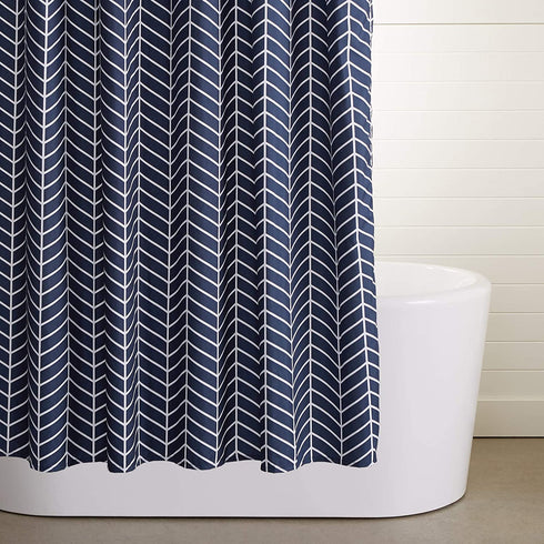 Amazon Basics Microfiber Navy Blue Herringbone Printed Pattern Bathroom Shower Curtain - Navy Blue Herringbone, 72 Inch