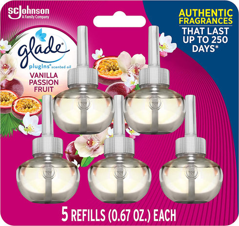 Glade PlugIns Refills Air Freshener, Scented and Essential Oils for Home and Bathroom, Vanilla Passion Fruit, 3.35 Fl Oz, 5 Count