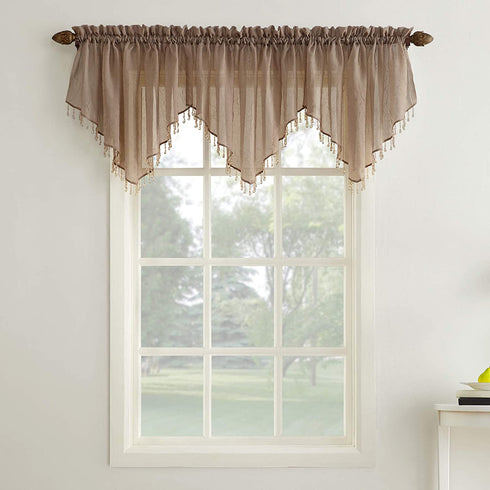 No. 918 25908 Erica Crushed Texture Sheer Voile Beaded Ascot Rod Pocket Curtain Valance, 51" x 24", Taupe
