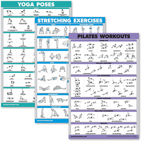 QuickFit 3 Pack - Yoga Poses + Stretching Exercises + Pilates Mat Work Poster Set - Set of 3 Workout Charts (Laminated, 18" x 27")
