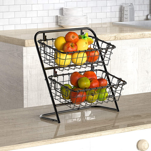 SimpleHouseware 2-Tier Rigid Wire Market Basket Stand, Black