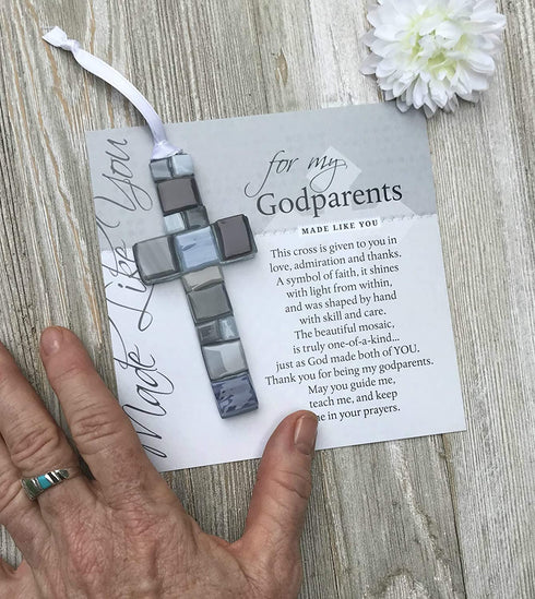 Gift for Godparents from Godchild -Handmade in USA Mosaic Glass Cross with Touching Sentiment For Holiday, Birthday, Appreciation, Christian Godparent Gift from Godchild