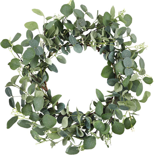 CEWOR 19 Inches Artificial Eucalyptus Wreath Spring Summer Large Green Leaf for Front Door Wall Window Farmhouse Garland Decor