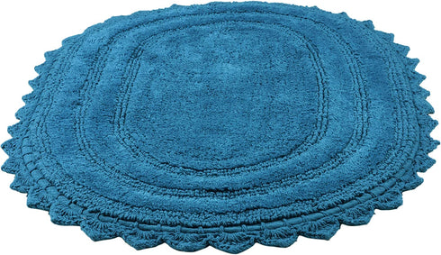 TreeWool, (Pack of 2) Bath Rugs with Crochet Border in Plush Cotton, Reversible - Oval (17" x 24"; Teal)