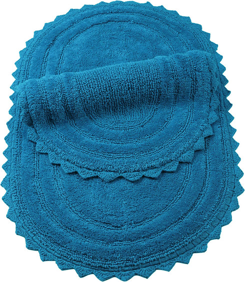 TreeWool, (Pack of 2) Bath Rugs with Crochet Border in Plush Cotton, Reversible - Oval (17" x 24"; Teal)