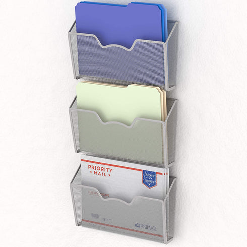 3 Pack - SimpleHouseware Wall Mount Single Pocket File Organizer Holder, Silver