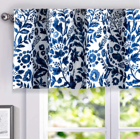 DriftAway Julia Watercolor Blooming Flower Floral Lined Thermal Insulated Window Curtain Valance Rod Pocket 52 Inch by 18 Inch Plus 2 Inch Header Navy 1 Pack