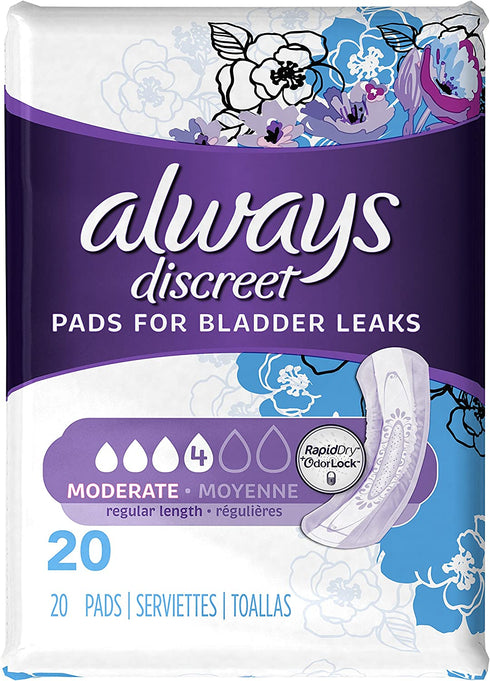 Always Discreet, Incontinence Pads, Moderate, Regular Length, 20 Count Size - 1 Pack